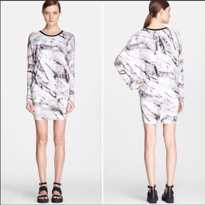 Helmut Lang Marble Print B&W Ruched Fitted Dress